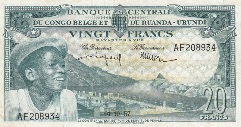 Belgian Congo, 20 Francs, 1957, XF, p31
serial number: AF 208934, Portrait of Y...