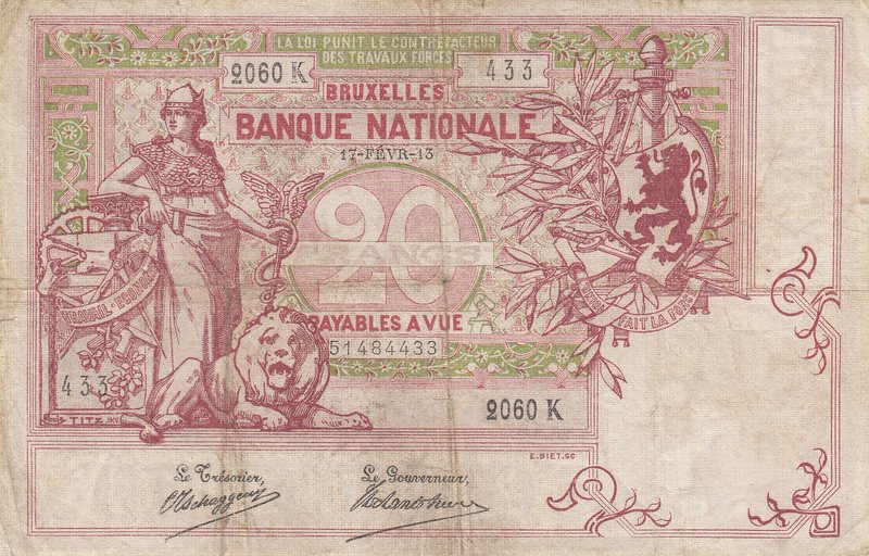 Belgium, 20 Francs, 1913, FINE, p67
serial number: 2060K 433, Minerva with Lion...