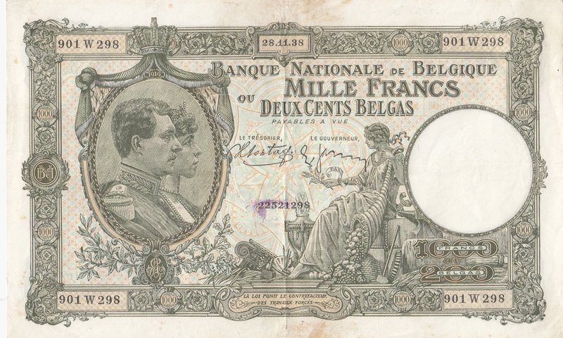Belgium, 1000 Francs or 200 Belgas, 1938, XF (-), p104
serial number: 901W298, ...