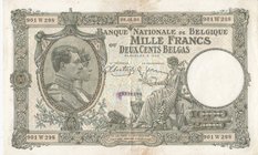 Belgium, 1000 Francs or 200 Belgas, 1938, XF (-), p104
serial number: 901W298, King Albert and Queen Elizabeth portrait at left
Estimate: $ 50-100
