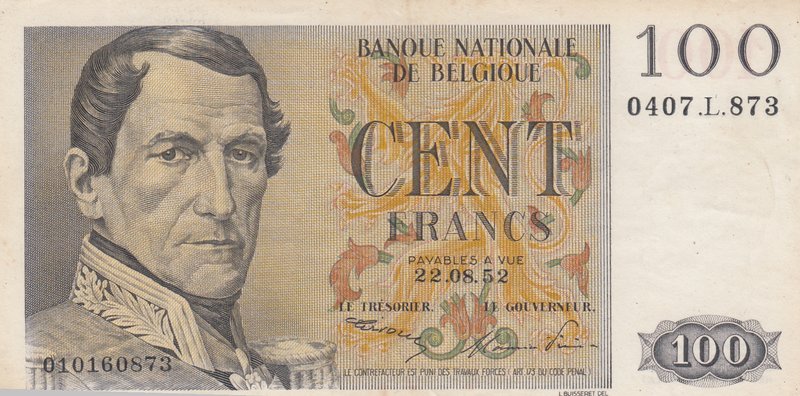 Belgium, 100 Francs, 1952, XF, p129a
serial number: 0407.L.873, King Leopold I ...