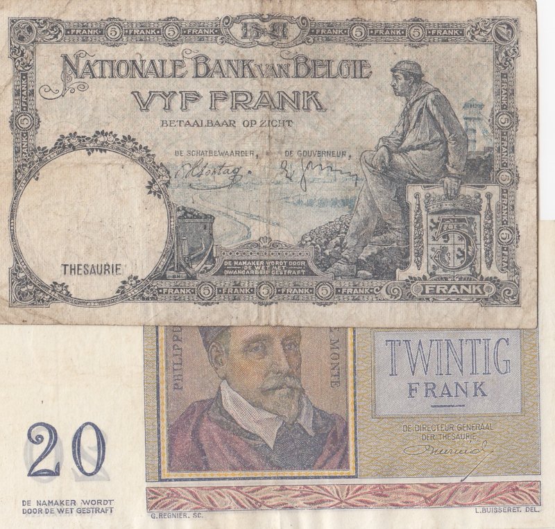 Belgium, 20 Francs and 5 Francs, 1956/ 1936, VF/ FINE, p132b/ p108a, (Total 2 Ba...