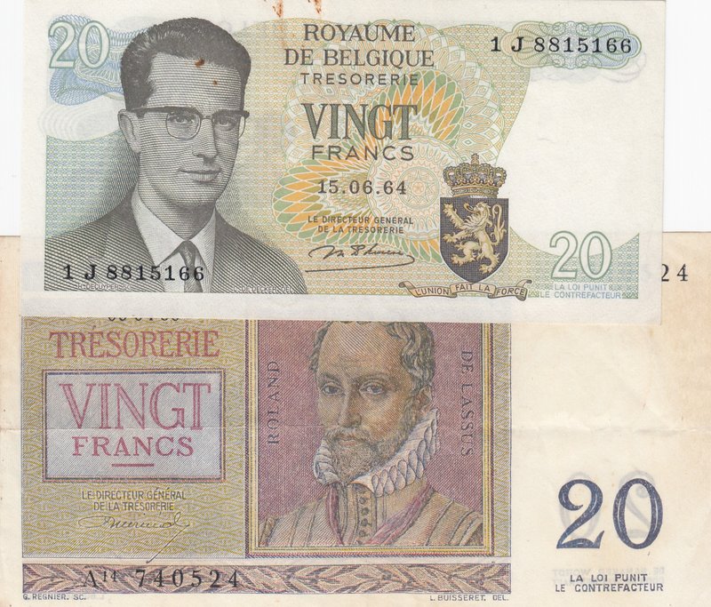 Belgium, 20 Francs, 1956/ 1964, VF/ AUNC, p132b/ p138, (Total 2 Banknotes)
seri...