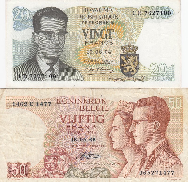 Belgium, 20 Francs and 50 Francs, 1964/ 1966, UNC/VF, p138/ p139, (Total 2 Bankn...
