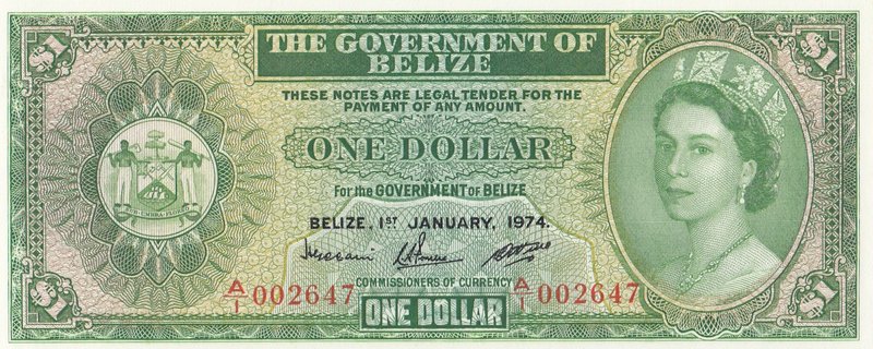 Belize, 1 Dollar, 1974, UNC, p33a
serial number:A/1 002647, Queen Elizabeth II ...