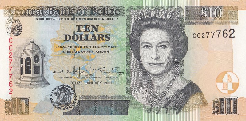 Belize, 10 Dollars, 2001, UNC, p62b
Queen Elizabeth II portrait, serial number:...
