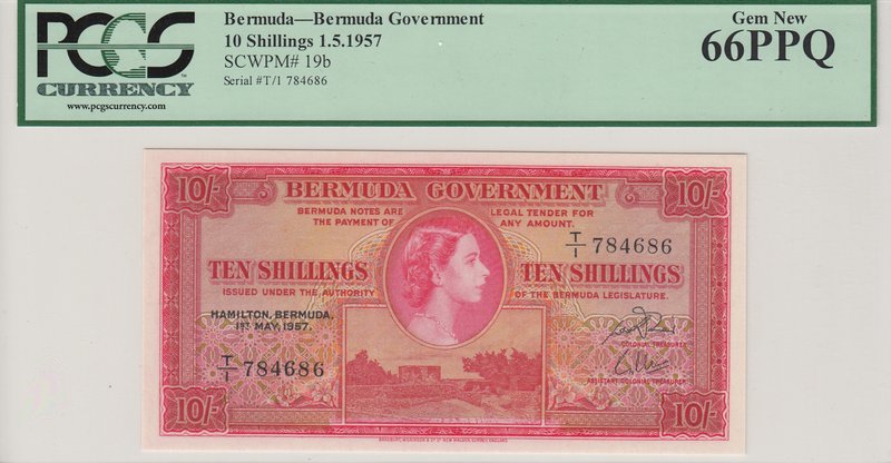 Bermuda, 10 Shillings, 1957, UNC, p19b
PCGS 66 PPQ, serial number: T/1 784686, ...