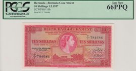 Bermuda, 10 Shillings, 1957, UNC, p19b
PCGS 66 PPQ, serial number: T/1 784686, Queen Elizabeth II portrait
Estimate: $ 250-500