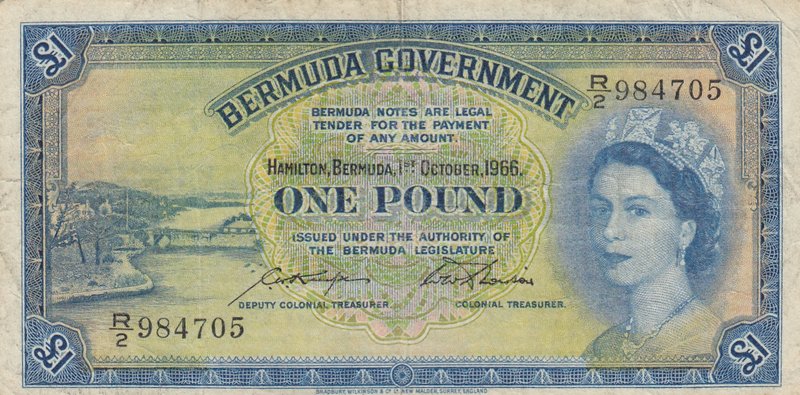 Bermua, 1 Pound, 1966, VF, p20d
Queen Elizabeth II at right, Bridge at left, Se...