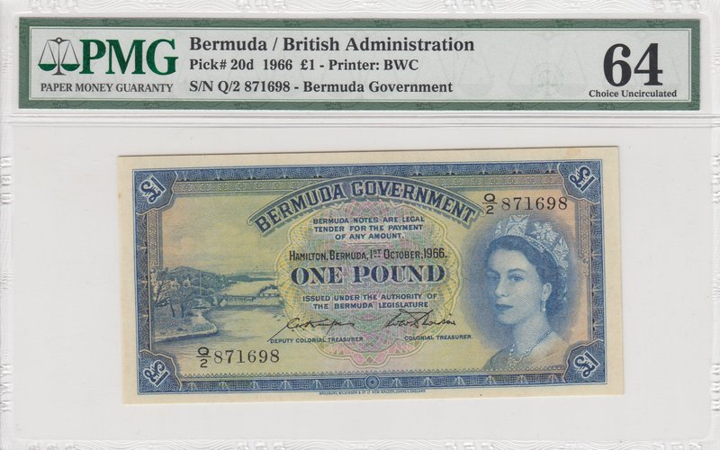 Bermuda, 1 Pound, 1966, ÇİL, p20d
PMG 64, Queen Elizabeth II portrait, serial n...