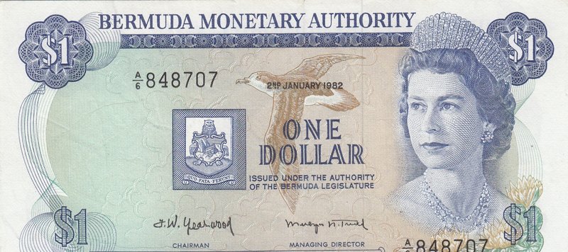 Bermuda, 1 Dollar, 1982, AUNC, p28b
serial number: A6 848707, Portrait of Queen...