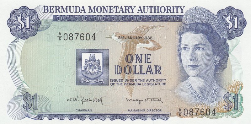 Bermuda, 1 Dollar, 1982, UNC, p28b
serial number: A6 087604, Portrait of Queen ...