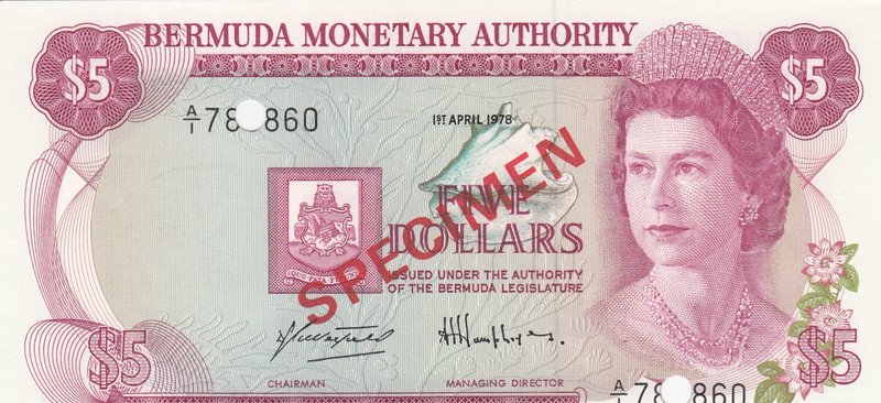Bermuda, 5 Dollars, 1978, UNC, p28s, SPECIMEN
serial number: AI 78860, Portrait...