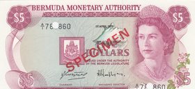 Bermuda, 5 Dollars, 1978, UNC, p28s, SPECIMEN
serial number: AI 78860, Portrait of Queen Elizabeth II, Both Side Writing Specimen with Hole
Estimate...