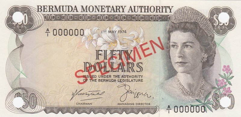 Bermuda, 50 Dollars, 1974, UNC, p32s, SPECIMEN
serial number: A/I 000000, SPECI...