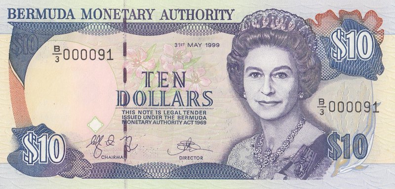 Bermuda, 10 Dollars, 1999, UNC, p42d (very low number)
Queen Elizabeth II portr...