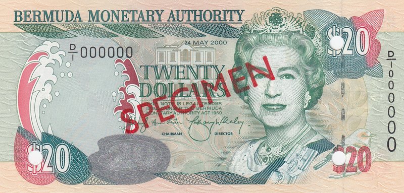 Bermuda, 20 Dollars, 2000, UNC, p53s, SPECIMEN
serial number: D/I 000000, SPECI...