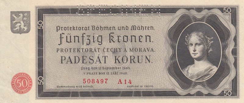 Bohemia and Moravia, 50 Korun, 1940, UNC, p5s, SPECIMEN
serial number: 508497 A...