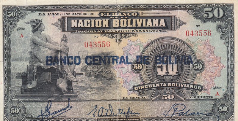 Bolivia, 50 Bolivianos, 1911, VF (+), p110
serial number: 043556
Estimate: $ 2...