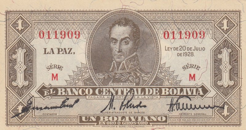 Bolivia, 1 Boliviano, 1928, UNC, p128b
serial number: M 011909, Portrait of S.B...