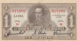 Bolivia, 1 Boliviano, 1928, UNC, p128b
serial number: M 011909, Portrait of S.Bolivar
Estimate: $ 10-20