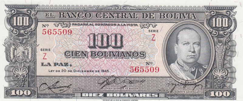 Bolivia, 100 Bolivianos, 1945, UNC, p147
serial number: Z 565509
Estimate: $ 5...
