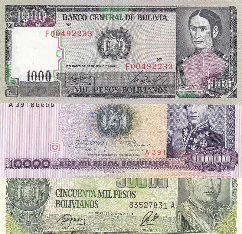 Bolivia, 1000 Bolivianos, 10.000 Boivianos and 50.000 Boivianos, 1984, UNC, p167...