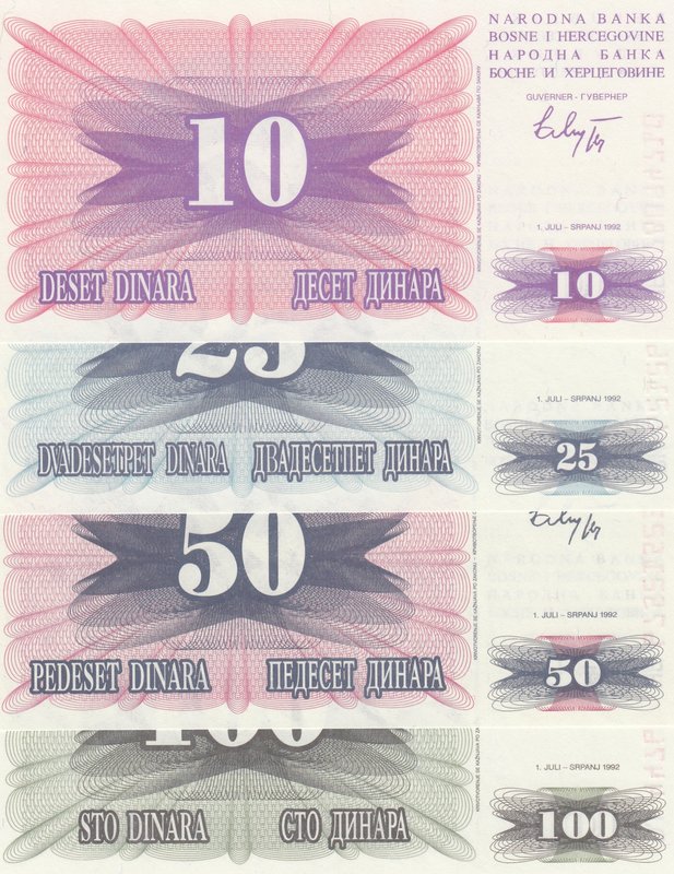 Bosnia Herzegovina, 10 Dinara, 25 Dinara, 50 Dinara and 100 Dinara, 1992, UNC, p...
