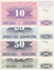Bosnia Herzegovina, 10 Dinara, 25 Dinara, 50 Dinara and 100 Dinara, 1992, UNC, p10/p11/p12/p13, (Total 4 banknotes)
Estimate: $ 5-10