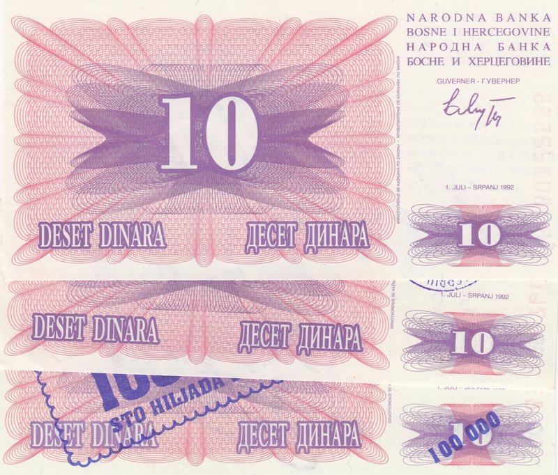Bosnia Herzegovina, 10 Dinara, 1992, UNC, p10, (Total 3 banknotes)
Surchage
Es...