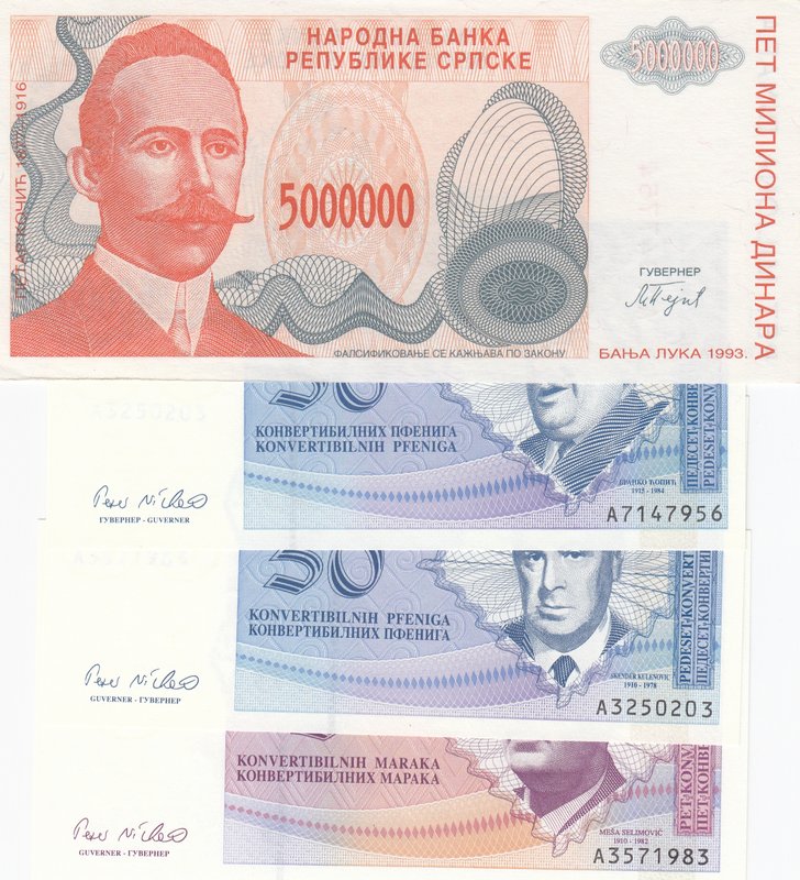 Bosnia Herzegovina, 50 Pfeniga, 50 Pfeniga, 5 Maraka ve 5000 Dinara, 1998/ 1993,...