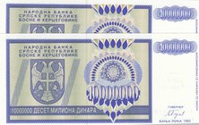Bosnia Herzegovina, 10 Millard Dinara, 1993, UNC, p148a, ( Total 2 Consecutive Banknotes)
serial numbers: AA 1913475 and AA 1913476, Country Arms
Es...