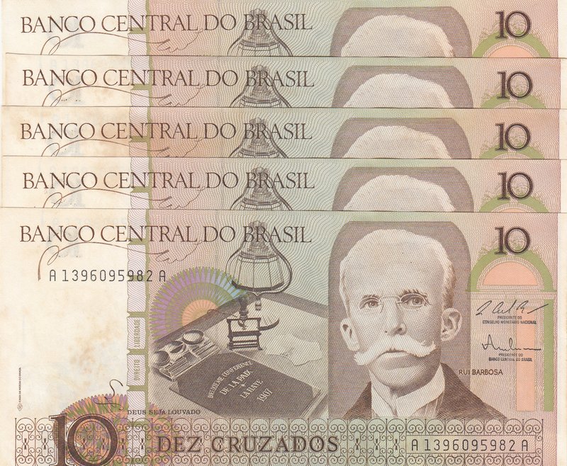 Brasil, 10 Cruzados, 1987, UNC, p209b, (Total 5 Banknotes)
serial numbers: A139...