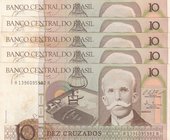 Brasil, 10 Cruzados, 1987, UNC, p209b, (Total 5 Banknotes)
serial numbers: A1396095982A, A1396095983A, A1396095401A, A1396095499A and A1396095996A, P...