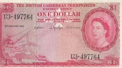British Caribbean, 1 Dollar, 1961, VF, p7c
serial number: U3- 497764, Queen Elizabeth II portrait
Estimate: $ 50-100