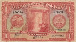 British Guiana, 1 Dollar, 1942, FINE, p12c
serial number: F/7 50770, Figure of Tuacan and Kaieteur Falls
Estimate: $ 20-40