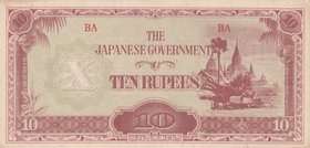 Burma, 10 Rupees, 1942-44, UNC (-), p16
serial number: BA, Japanese Occupation WWII
Estimate: $ 5-10
