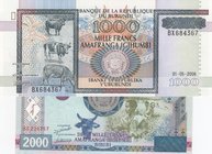 Burundi, 1000 Francs and 2000 Francs, 2006/ 2008, UNC, p39d/ p47
serial numbers: BX684367 andAE236757 Cattle Figure (for p39d) and Harvest Figure (fo...