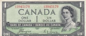 Canada, 1 Dollar, 1954, AUNC, p66a
serial number: CA 3945179, Signature Coyne-Towers, Portrait of Queen's Modified Hair Style
Estimate: $ 40-60
