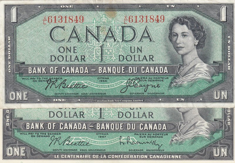 Canada, 1 Dollar, 1954, XF/ VF, p74a/ p74b, (Total 2 Banknotes)
serial numbers:...