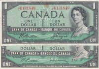 Canada, 1 Dollar, 1954, XF/ VF, p74a/ p74b, (Total 2 Banknotes)
serial numbers: XL 6131849 ve LO 7862549, Signature Beattie-Coyne (for p74a)/ Beattie...