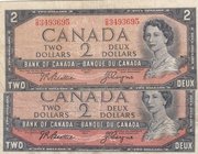 Canada, 2 Dollars, 1954, VF/ FINE, p76a, (Total 2 Banknotes)
serial numbers: OB 3493695 and AR 3812290, Signature Beattie-Coyne, Portrait of Queen's ...