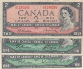 Canada, 2 Dollars ve 1 Dollar, 1954/ 1967, VF, p76b, p74b, p75b, (Total 3 Banknotes)
serial numbers: GU 1280285, YL 9995797 and HP 0222155, Signature...