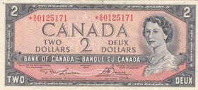 Canada, 2 Dollars, 1954, VF, p76d, REPLACEMENT
serial number: *O/G 0125171, Queen Elizabeth II portrait at right, signs: Lawson and Bouey, Replacemen...