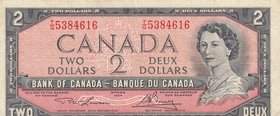 Canada, 2 Dollars, 1954, VF, p76d
serial number: TG 5384616, Signature Lawson-Bouey, Portrait of Queen's Modified Hair Style
Estimate: $ 10-20