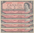 Canada, 2 Dollars, 1954, FINE, p76d, (Total 5 Banknotes)
serial numbers: NG 8139383/ UG 2443611/ RG 3565310/ SG 8983672 and UG 2543755, Signature Law...