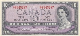 Canada, 10 Dollars, 1954, AUNC, p79b
serial number: 8345287, Signature Beattie-Rasminsky, Portrait of Queen's Modified Hair Style
Estimate: $ 15-30