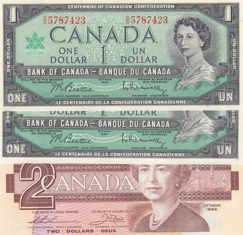 Canada, 2 Dollars ve 1 Dollar, 1986/ 1967, UNC, p94b/ p74b, (Total 3 Banknotes)...