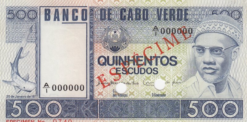 Cape Verde, 500 Escudos, 1977, UNC, p55, SPECIMEN
serial number: A/1 000000, Am...