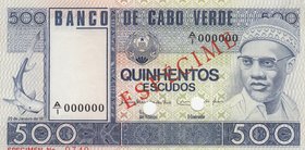 Cape Verde, 500 Escudos, 1977, UNC, p55, SPECIMEN
serial number: A/1 000000, Amilcar Lopes Cabral portrait at right
Estimate: $ 25-50